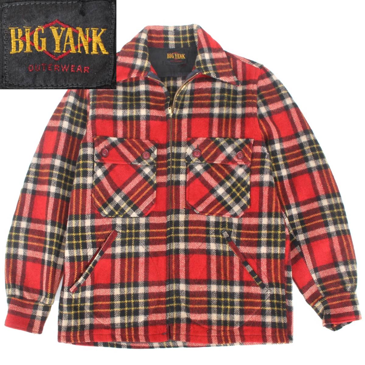 (09117)50sヴィンテージBIGYANKビッグヤンク ウール チェック ジャケット (50年代 赤レッド ネルシャツ ハンティング刺繍タグひし形)拍卖
