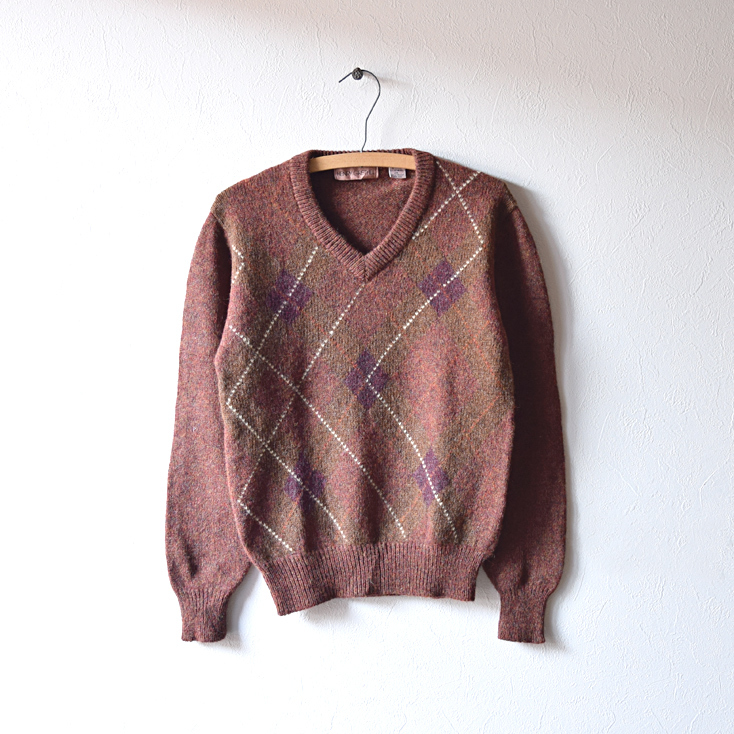 【送料無料】90s Vネック アーガイル柄 オールド セーター シェットランド ウールニット レディースXS程度 CH0393拍卖
