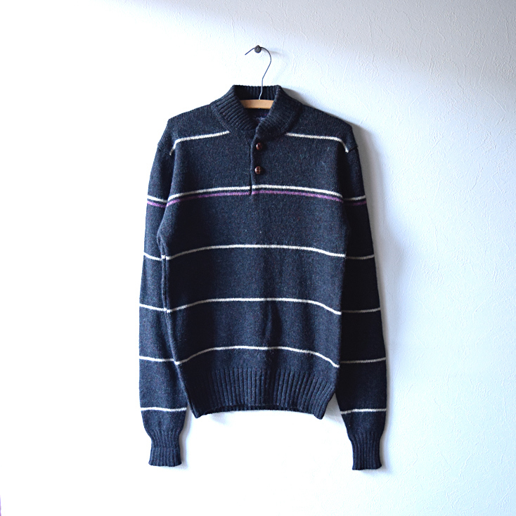 【送料無料】オールド ヘンリーネック セーター シェットランド ウールニット メンズM 黒色 ボーダー柄 CH0427拍卖