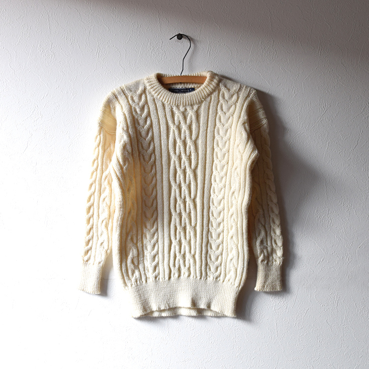 【送料無料】90s オールド フィッシャーマン セーター アランニット ケーブル編み メンズS WOOL VERS CH0438拍卖
