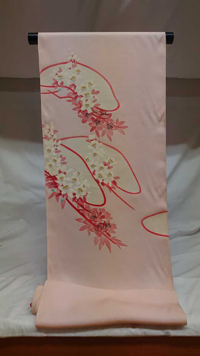 新品 附下げ 手描き 着尺 19 ピンク系 笠松花文様 丹後ちりめん 正絹 未仕立て 未使用 長襦袢 古布 リメイク はぎれ アウター インナー拍卖