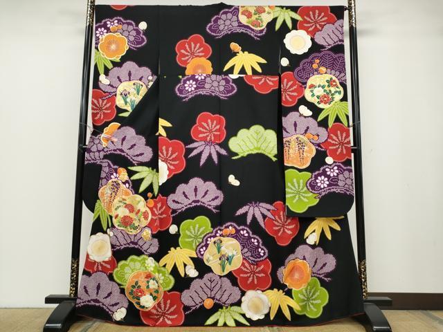 平和屋着物●豪華振袖 駒刺繍 草花尽くし 黒地 金彩 正絹 逸品 CABB6295ut拍卖
