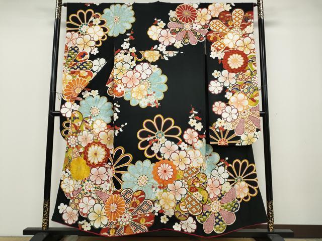 平和屋着物●豪華振袖 駒刺繍 舞花文 黒地 金彩 正絹 逸品 CABB6217ut拍卖