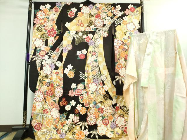 平和屋本店●極上 振袖・長襦袢(無双仕立て・半衿刺繍)セット 駒刺繍 鬘帯花文 黒紅色地 金彩 京都きもの友禅扱い 逸品 DZAB3034kh6拍卖