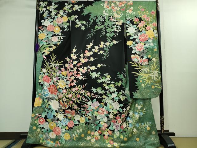 平和屋本店●極上 振袖 駒刺繍 鴛鴦花文 たたき染め 黒地 金彩 逸品 DZAB2956kh6拍卖