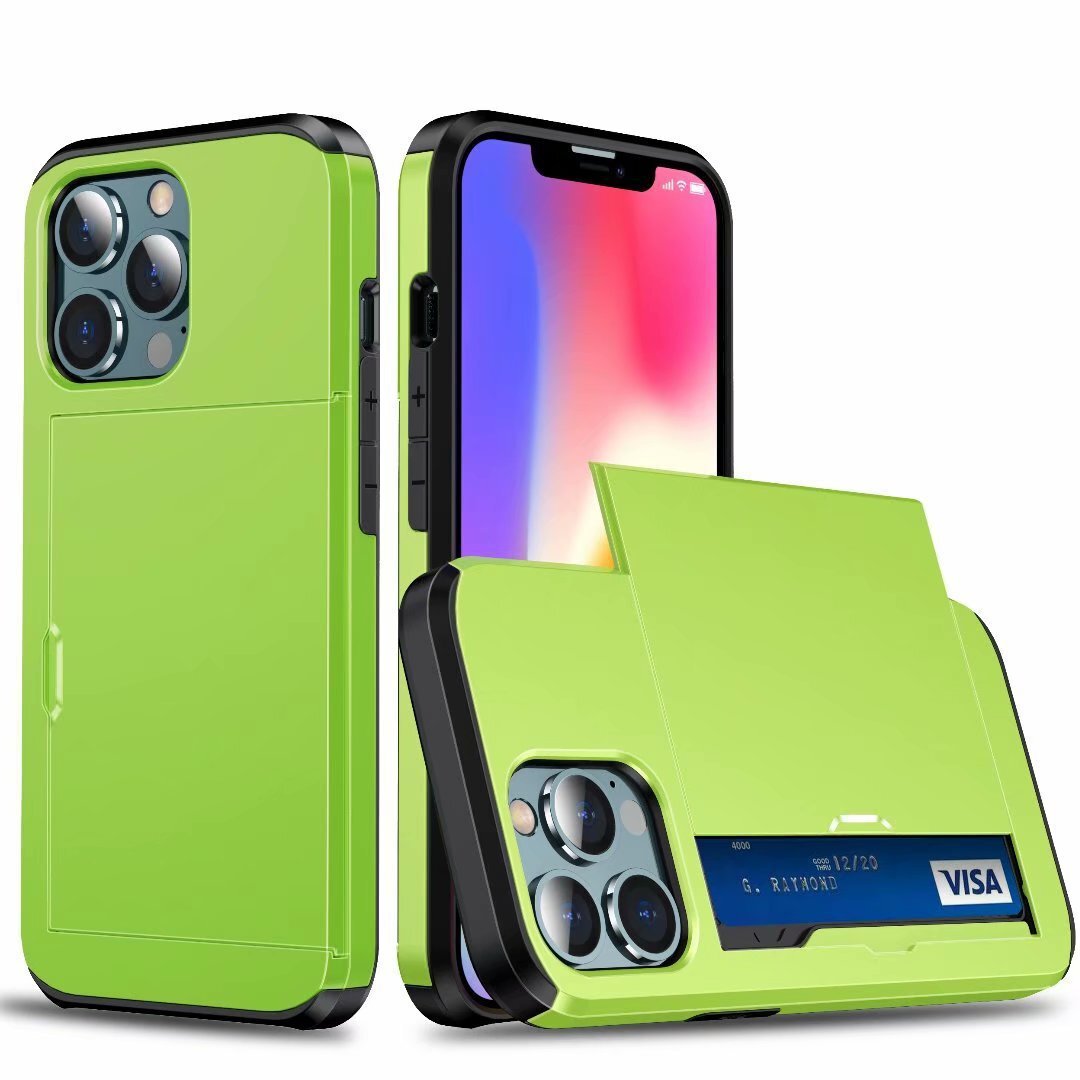 iPhone 11 Pro Max用 ケース ライムグリーン 背面カバー カード収納 明るい黄緑 カードホルダー拍卖