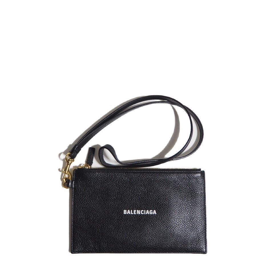 R6481f18 ▼BALENCIAGA バレンシアガ▼ ストラップ付き レザー スマホポーチ キャッシュポーチ ブラック / 黒 ミニバッグ拍卖
