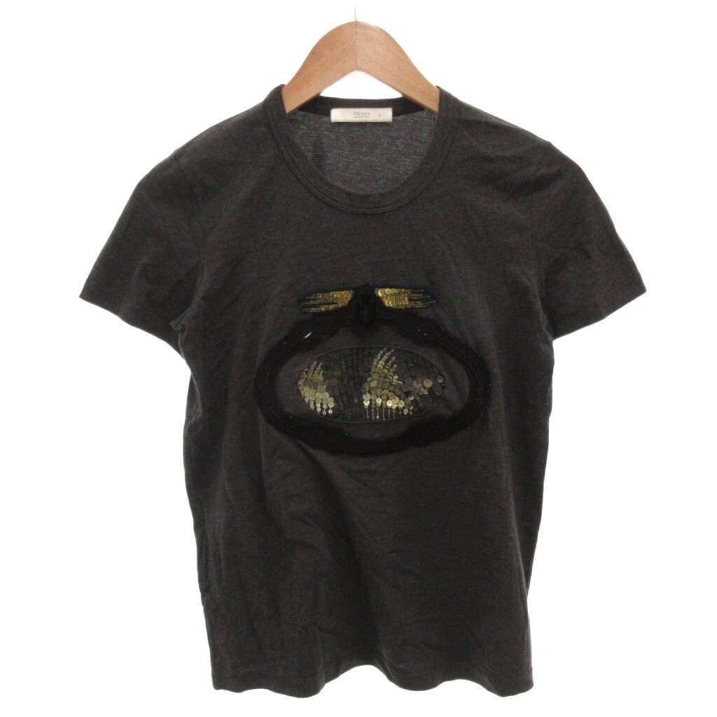 プラダ PRADA Tシャツ カットソー L グレー 半袖 ラウンドネック スパンコール装飾 /FF ■GY62 レディース拍卖