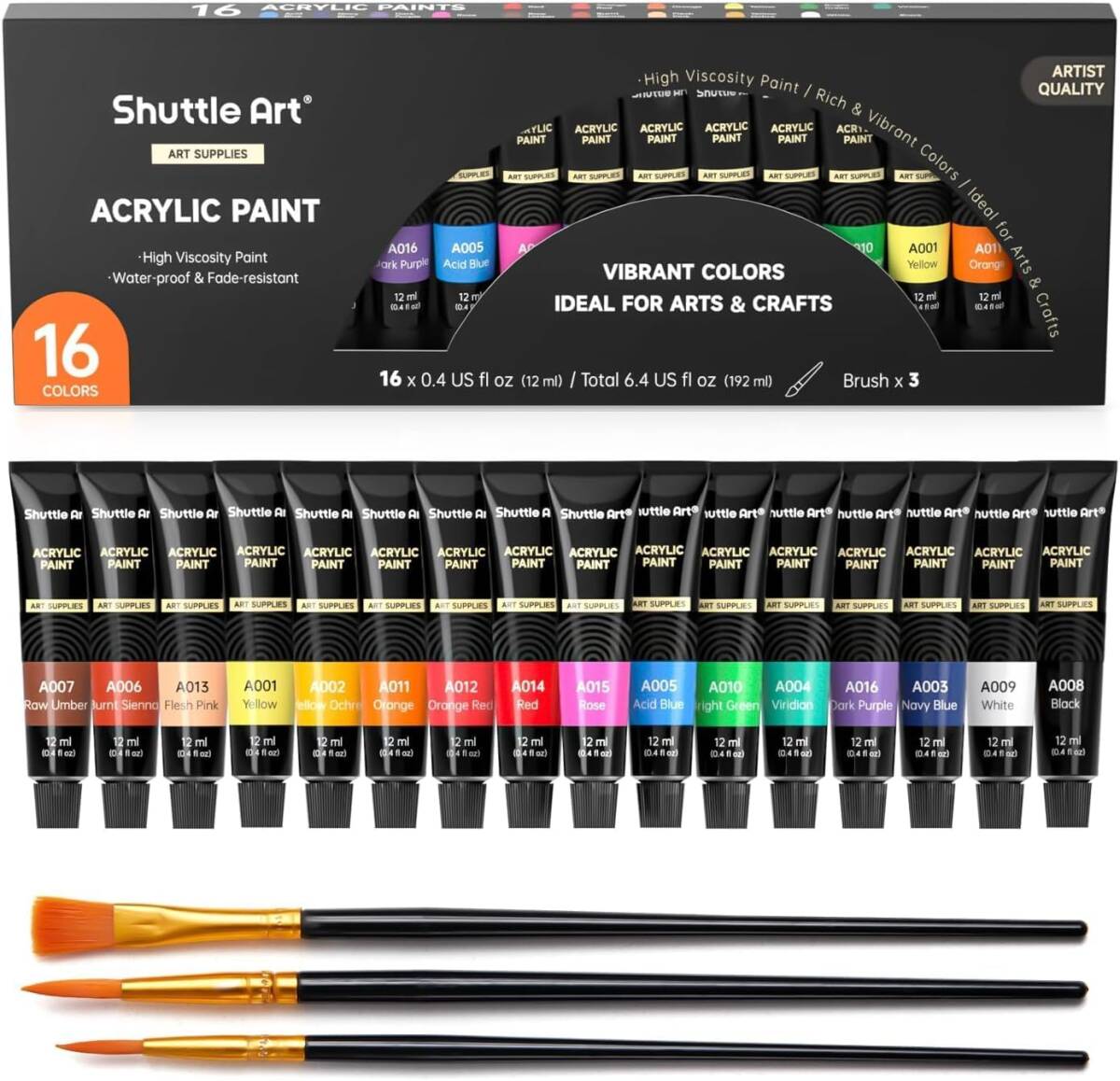 Shuttle Art アクリル絵の具 アクリル顔料 16色セット ペイントブラシ3本付き 速乾 耐久 チューブ 12ml 手作り拍卖