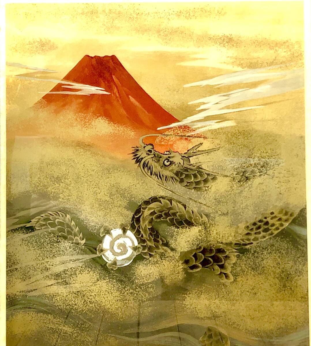*【真作】あいはら友子「金運赤富士財運龍」共シール有 444/500 日本画 額装 絵画 縁起物 昇り龍 開運 インテリア 美術品 アート拍卖