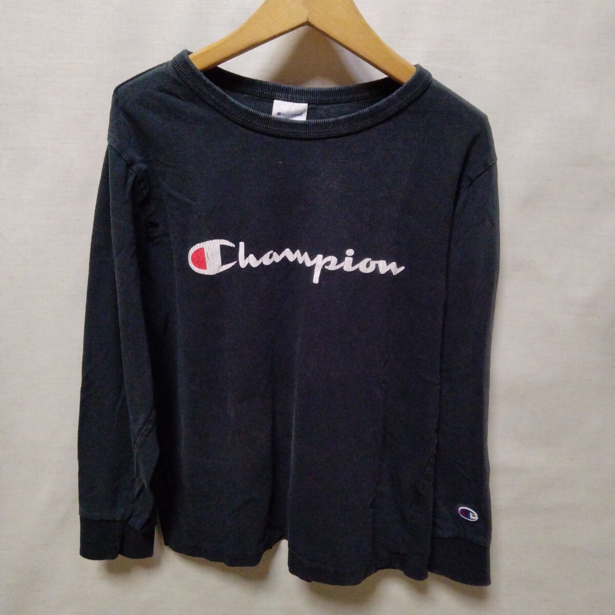 全国送料無料 チャンピオン Champion 子供服キッズ男の子長袖リブ付き黒色Tシャツ ロンT 160拍卖