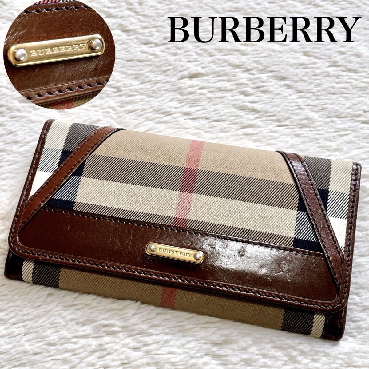 美品 BURBERRY バーバリー 現行モデル チェック レザー 長財布 金ロゴ拍卖