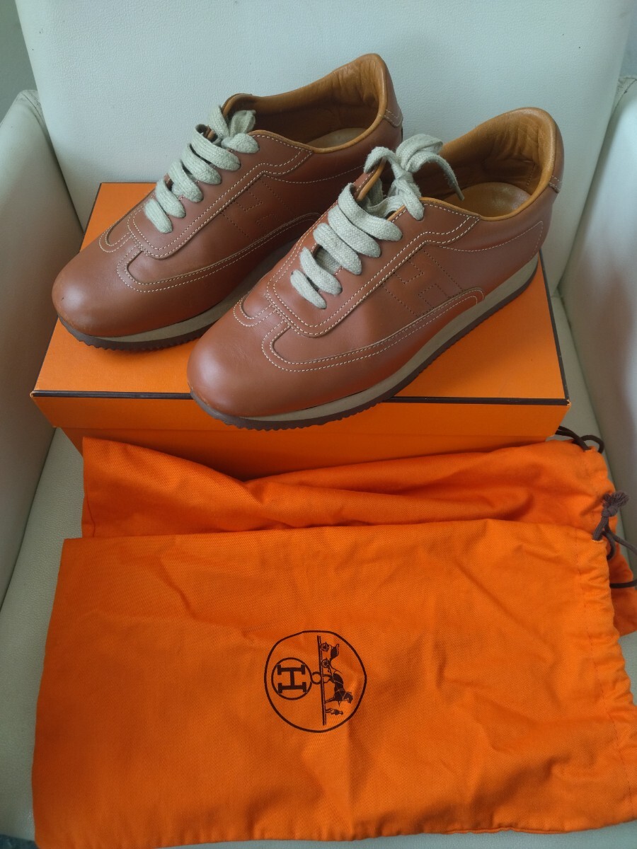 エルメス HERMES クイック レザー スニーカー シューズ ローカット Hロゴ サイズ41 ブラウン 茶 靴 メンズ 元箱 布袋 付き拍卖