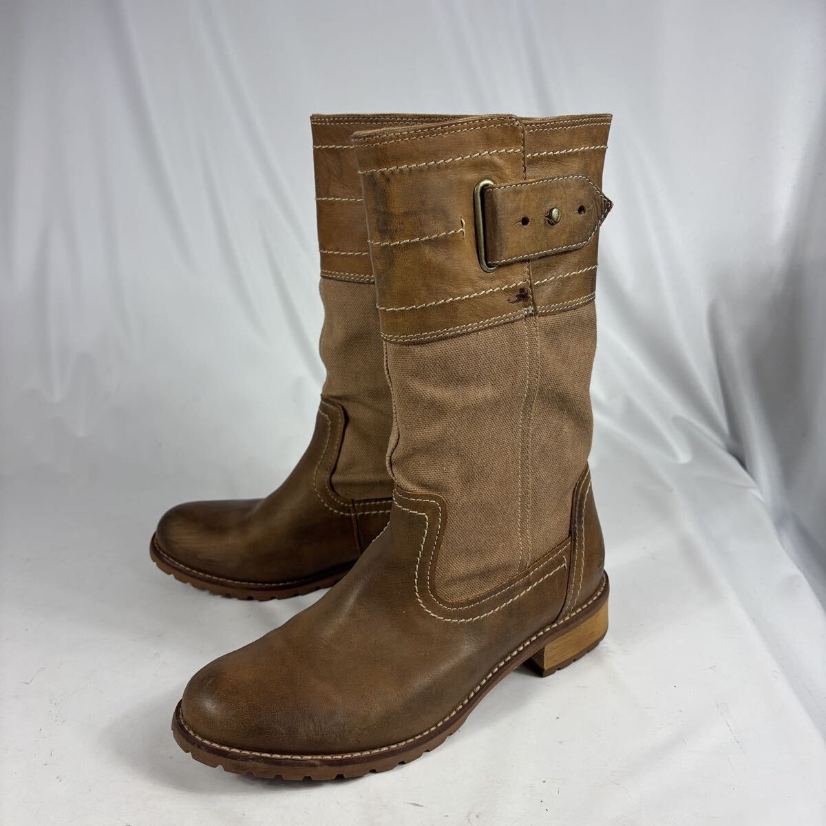 ティンバーランド Timberland ベルト付きミドルロングブーツ ブラウン 7W 24cm レザー キャンバス拍卖