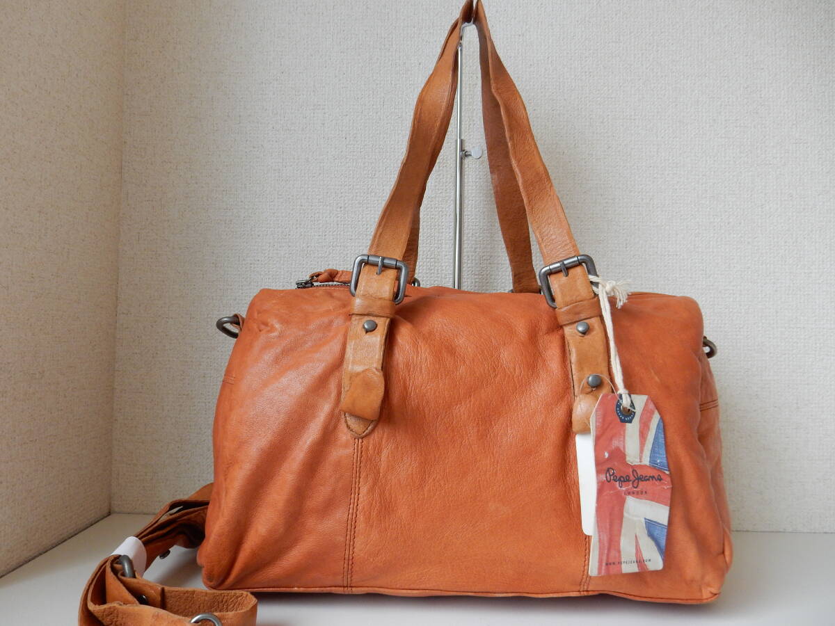 未使用☆本革☆Pepe Jeans(ペペジーンズ)☆B5対応☆斜め掛けOK☆2WAYトートバッグ(ショルダーベルト付き)オレンジ拍卖