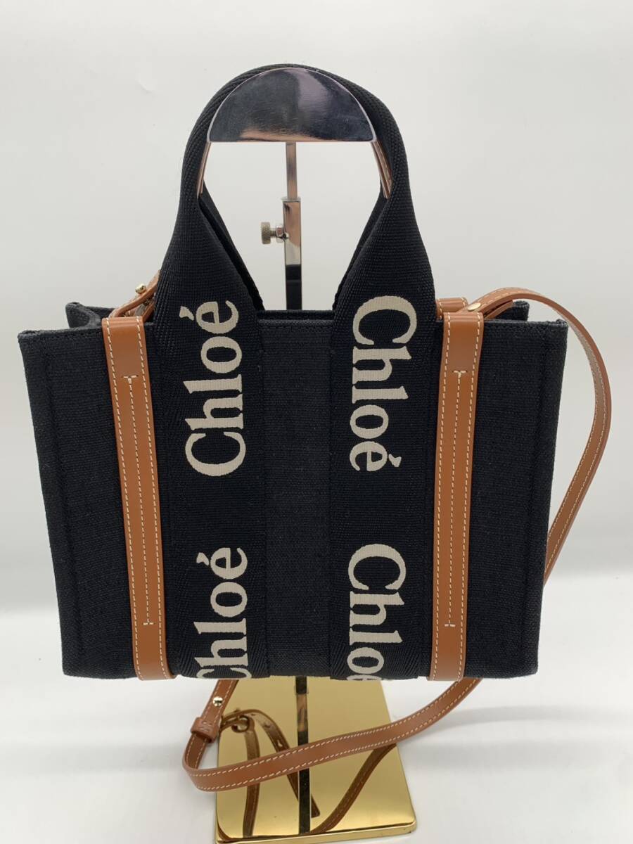 クロエ CHLOE ウッディ スモール トート バッグ レザー × キャンバス 黒 × 茶 2way ショルダー 斜め掛け 拍卖