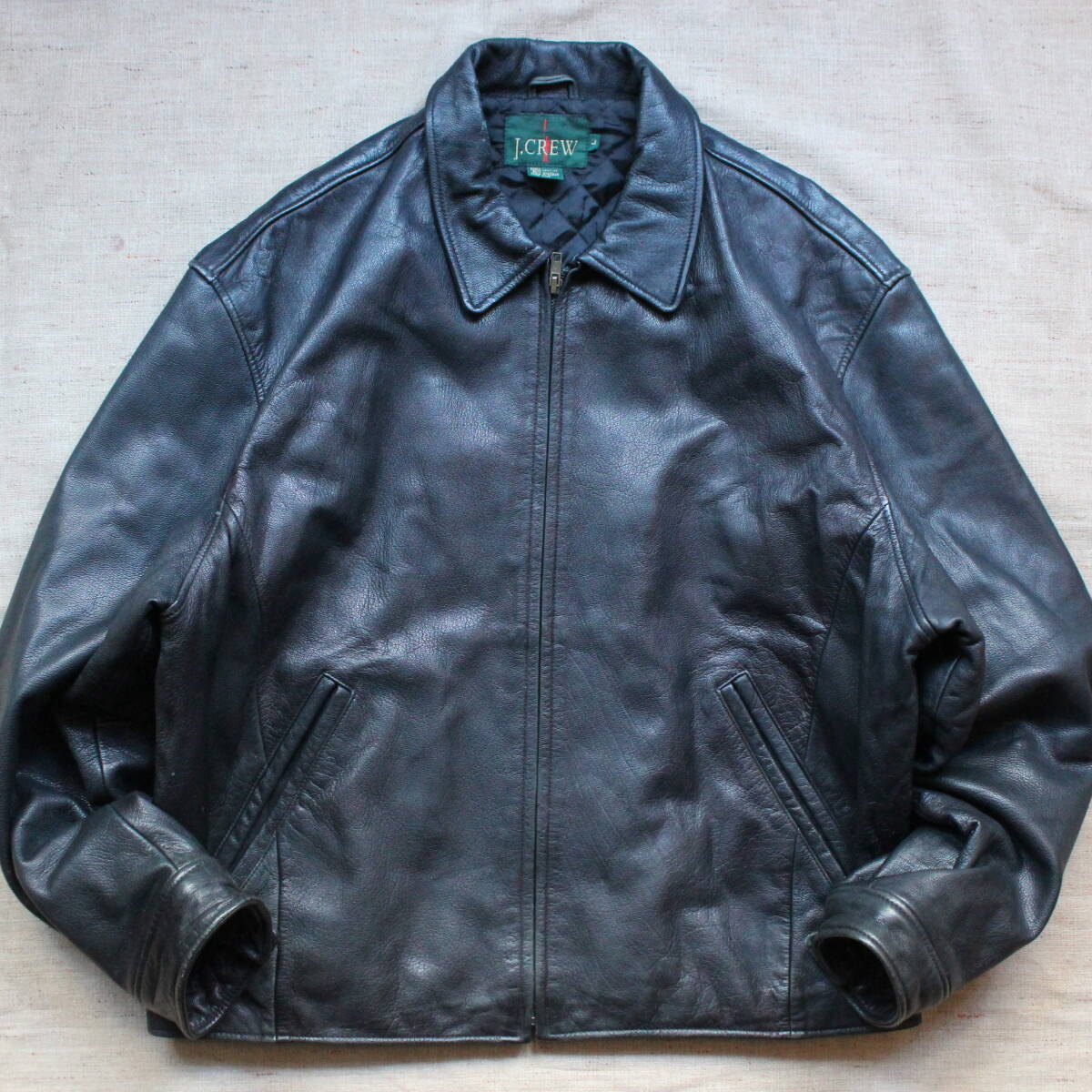 90s J.CREW Jクルー ヴィンテージ レザージャケット 巨人タグ カーコート ブラック黒 短丈 ブルゾン レア 裏地キルティング Talonタロンzip拍卖