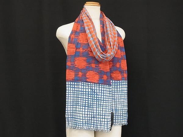 ■美品■ MARC BY MARC JACOBS マークバイマークジェイコブス コットン100% フリンジ スカーフ ストール ブルー系×レッド系 DI1448拍卖