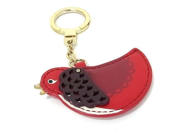 ■美品■ kate spade ケイトスペード レザー 鳥 バード ひよこ キーホルダー キーリング バッグチャーム レッド系×ゴールド系 DF9602拍卖