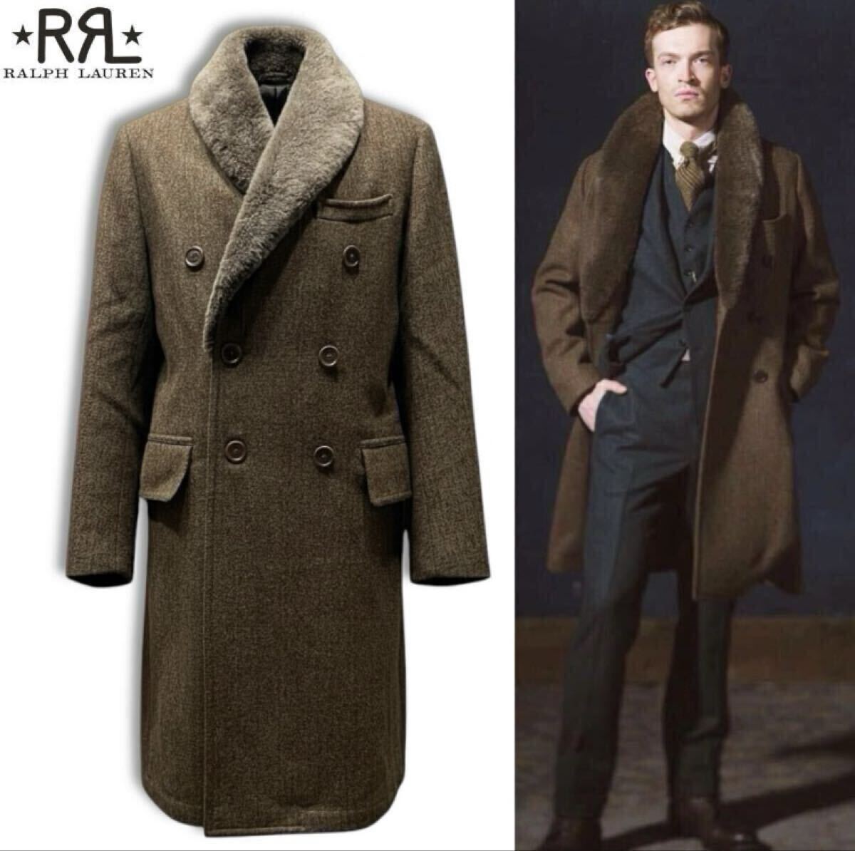 【傑作】【新品】RRL ダブルアールエル シアリングカラー ムートン ツイード コート チェスター Sジャケット レザー デニム ラルフローレン拍卖