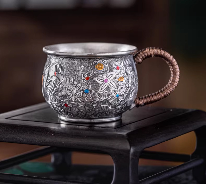999銀器銀茶杯咲き乱れる花ハンドメイド200ml拍卖