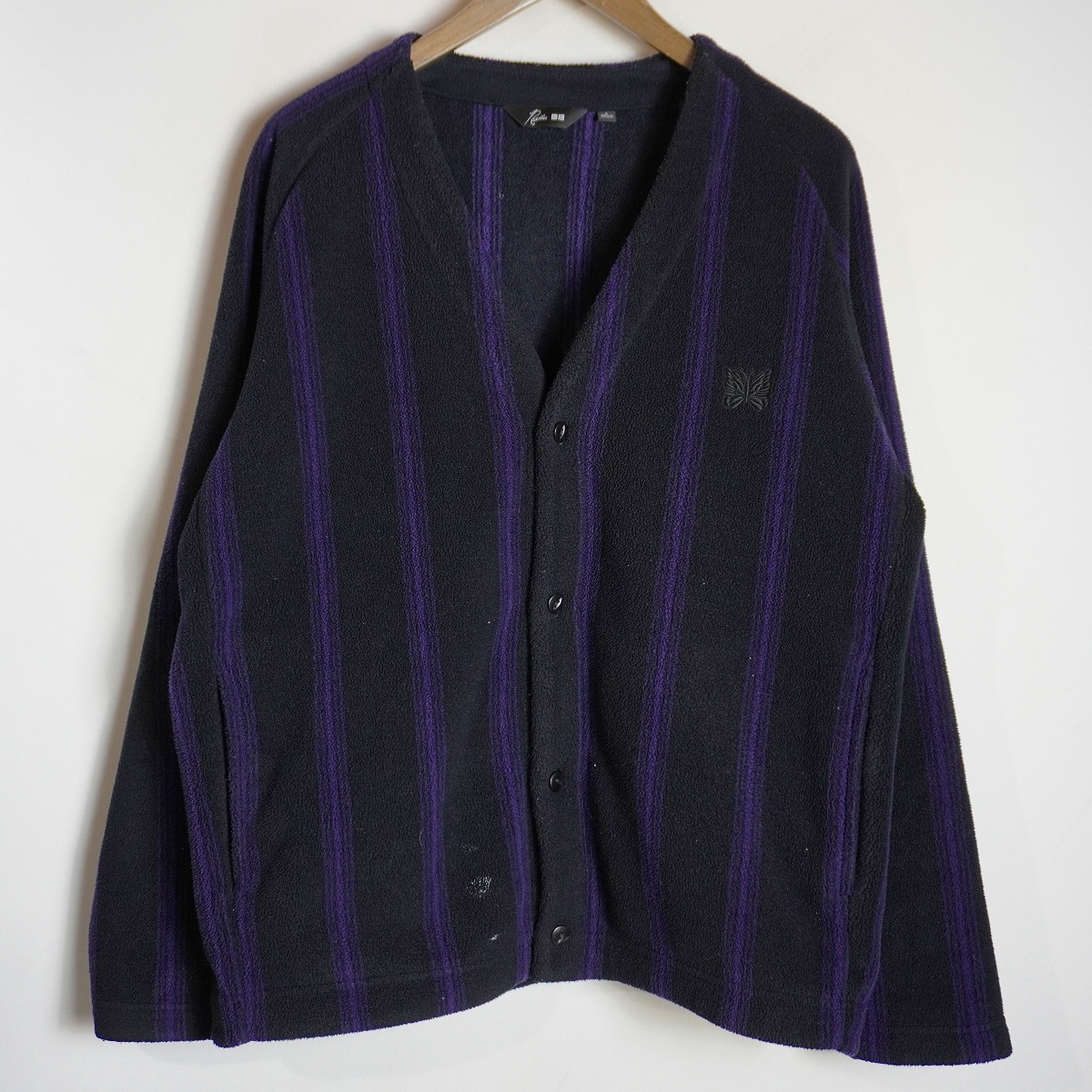 25AW UNIQLO ユニクロ × Needles ニードルス ストライプ フリース オーバーサイズ カーディガン バタフライ 341-484125 黒紫 L 146Q★4拍卖