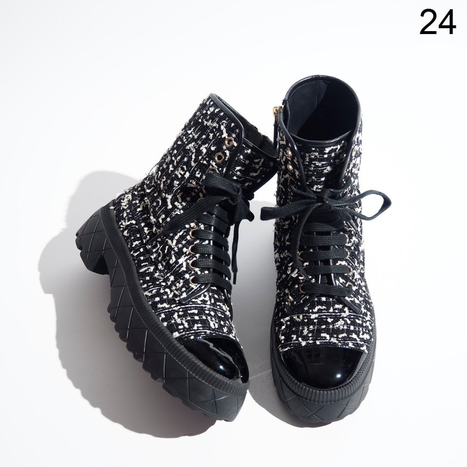 x7122P ▼CHANEL シャネル▼ 23K ツイードブーツ ブラック ホワイト ミックス 38/24cm G45260 コンバット ショートブーツ 秋冬 rb mks拍卖