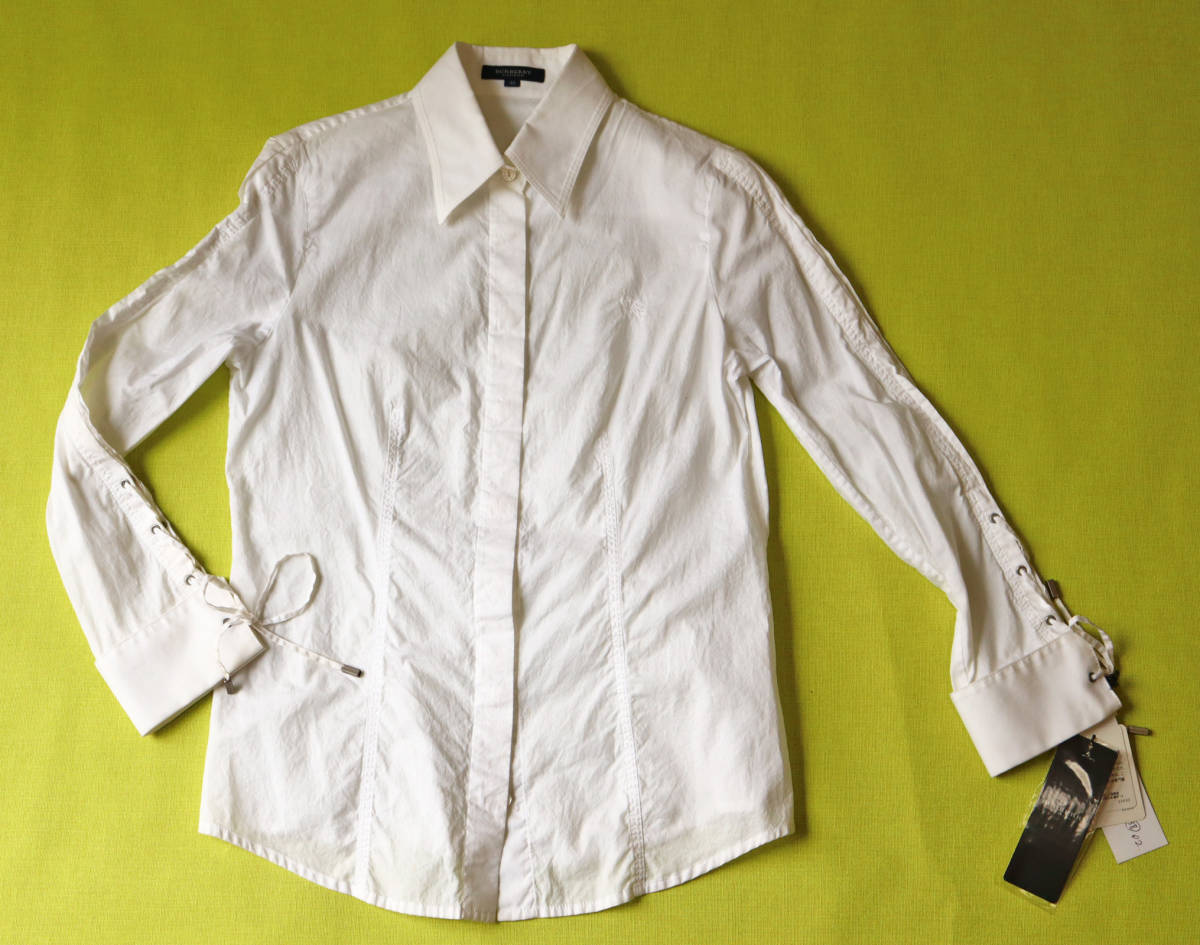 新品 709 バーバリー Burberry 綿ブラウス 綿シャツ 新品 白 春夏 9号 Mサイズ 三陽商会 レディースファッション 値札付き 拍卖