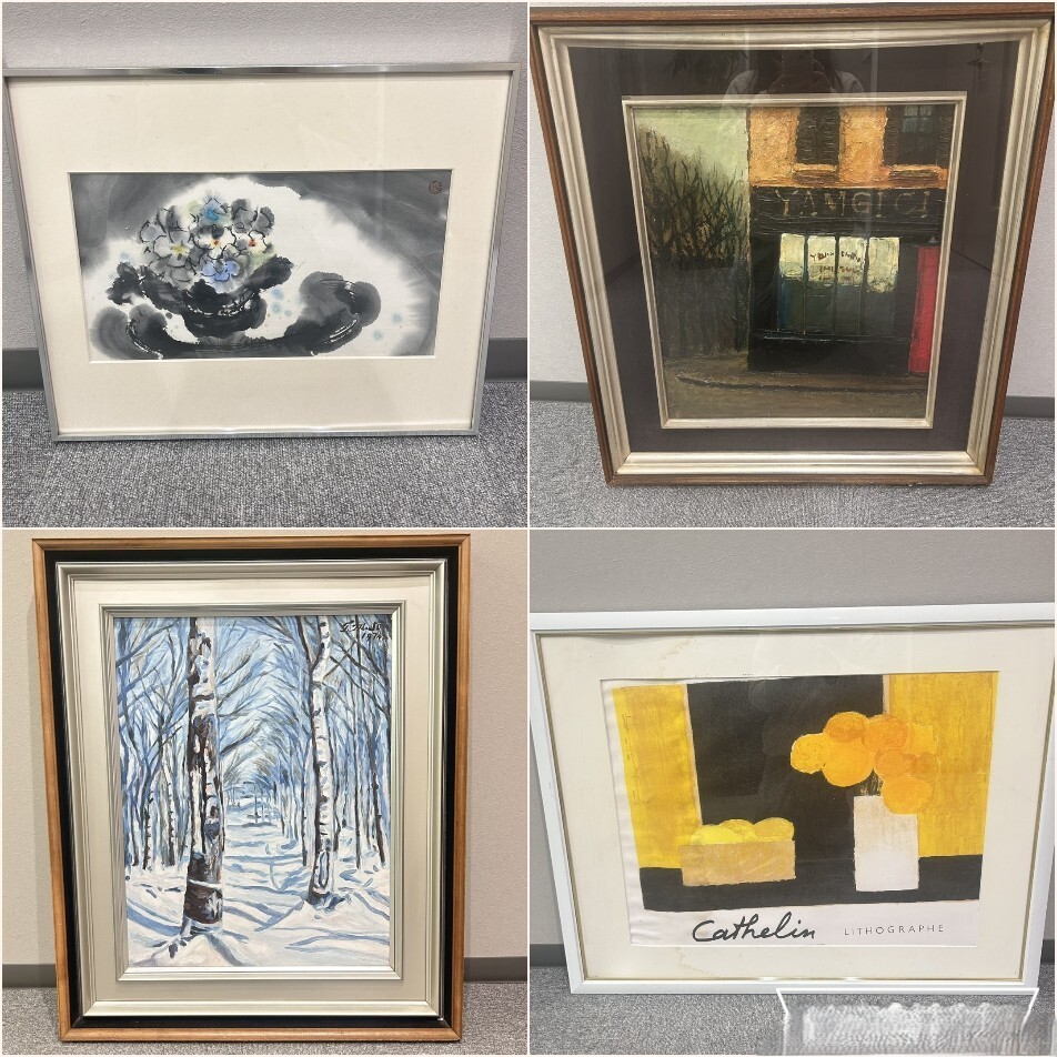 H7870 絵画おまとめ 4点 インテリア アート 作者不明 水墨画 油絵 蓼科 雪の白樺平 レモンと花束 あじさい 拍卖