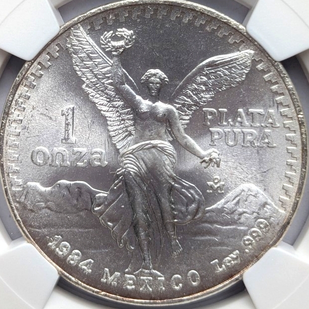 【裏面注目!美しいレインボートーン】1984年 メキシコ リベルタード銀貨 MS66 1オンス NGC 国章ラベル 純銀 勝利の女神ニーケ 送料無料拍卖