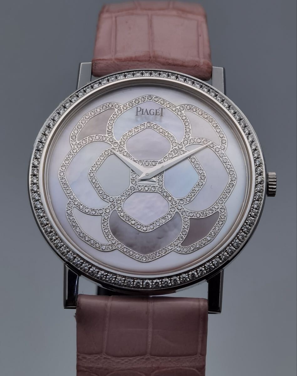 中古 保証書付き ピアジェ PIAGET アルティプラノ P10244 G0A30023 ピンク シェル文字盤 WG 750 純正ダイヤモンド メンズ 手巻き 腕時計拍卖