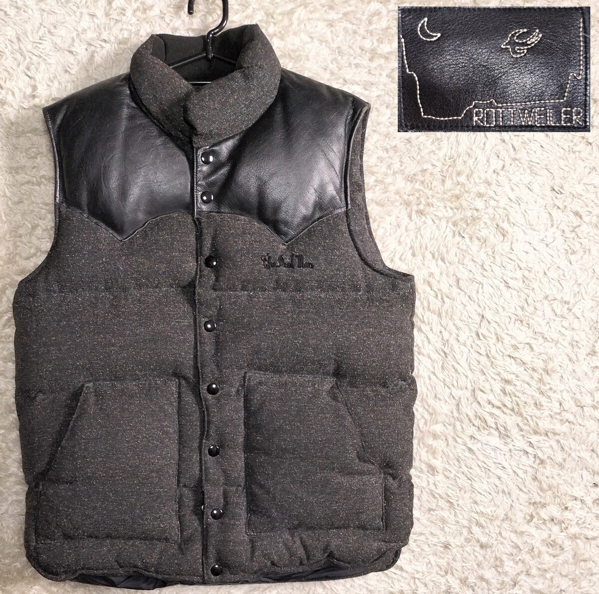 【美品★】Lサイズ ROTTWEILER レザー切替 ダウンベスト●刺繍入り☆ロットワイラー (▲1ハ)拍卖