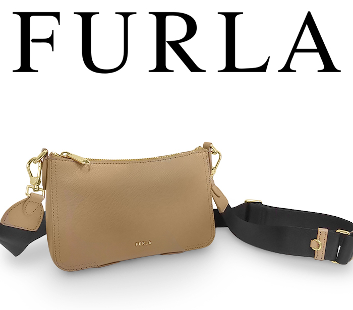 【未使用 超美品】 フルラ FURLA 斜めがけショルダーバッグ ポーチ ポシェット ミニ 鞄 レザー 革 ベージュ ブラウン ゴールド レディース拍卖