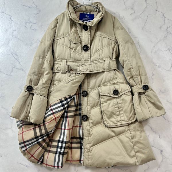 【L】 バーバリーブルーレーベル ダウンコート ノバチェック 羽毛 Aライン ロング ベージュ BURBERRY BLUE LABEL レディース B1911拍卖