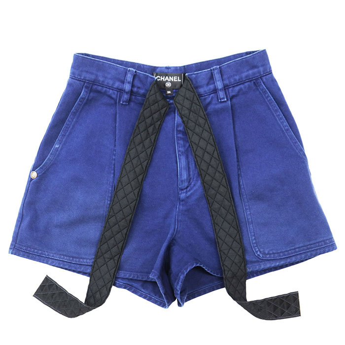 CHANEL シャネル ショートパンツ デニム P58413 18年製 CC ロゴ ダイヤキルト マトラッセ ガーメントダイ ウエストリボン レディース 34 青拍卖