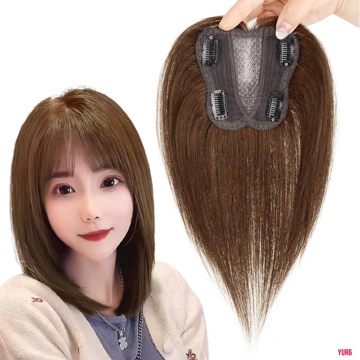 モカ カラー 人毛100% ヘアピース 部分ウィッグ 白髪隠し 薄毛隠し ベース8×8cm 人工頭皮 長さ約30cm 自然 通気性 快適 普段使い 拍卖