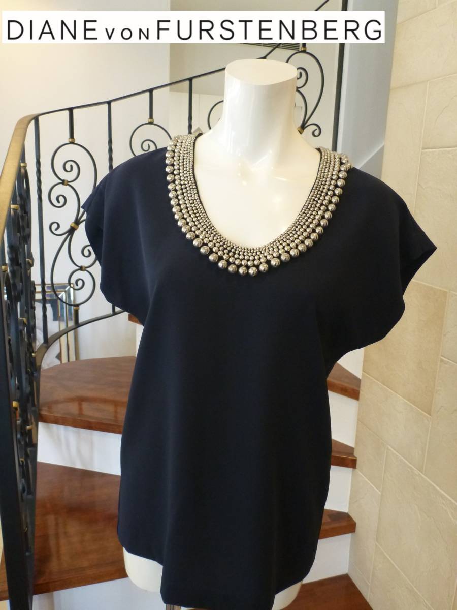超美品 ダイアン フォン ファステンバーグ(DIANE von FURSTENBERG)★紺×ビジュー トップス p S~M相当拍卖