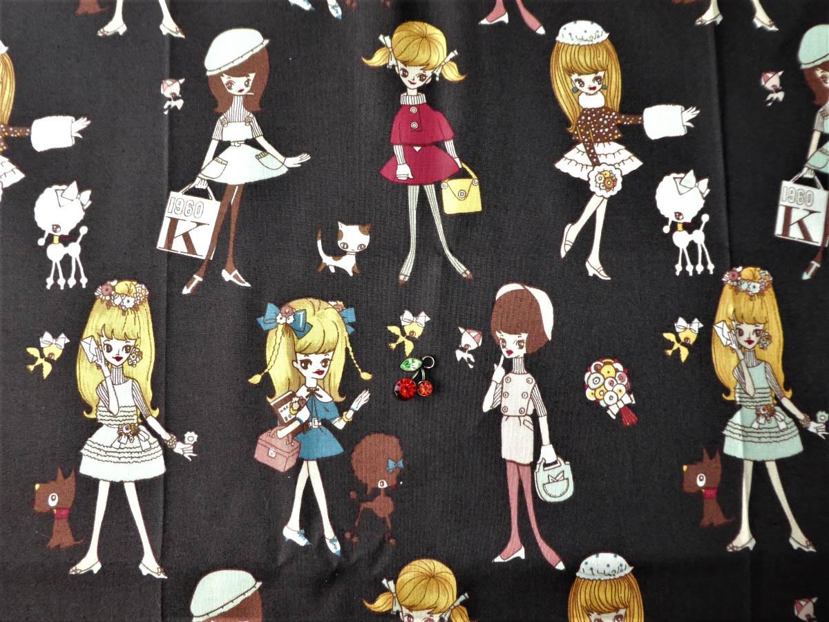 即決★最終内藤ルネ女の子柄生地ブラックはぎれ★昭和レトロ人形宇山ドールブライス拍卖