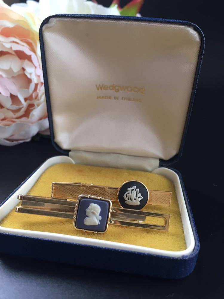 【国内発送-39】英国ヴィンテージ ◆ Wedgwood ブラックジャスパー タイピン & Stratton ポートランドブルー タイピン 2個セット拍卖