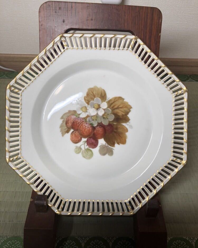 KPM ベルリン王立磁器製陶所 オープンワーク 透かし 金彩 ハンドペイント フルーツ絵 プレート 飾皿 1920頃 ロムドシン 購入 一級品 1拍卖