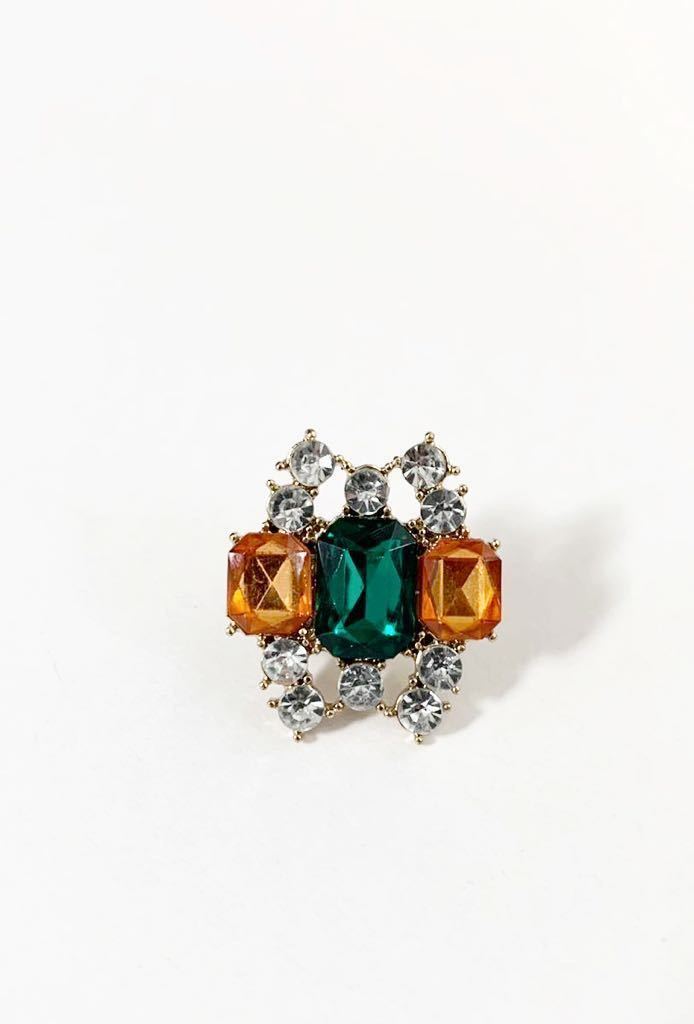 【美品】ヴィンテージ カラフル ガラス ビジュー ピンブローチ ゴールド エメラルド グリーン オレンジ 変形 デッドストック拍卖