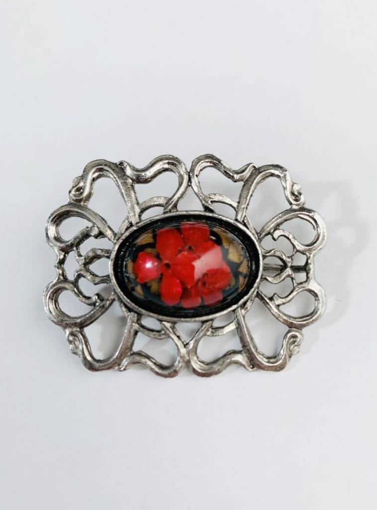 【美品】ヴィンテージ 水中花 シルバー ブローチ 赤い花 ルーセント 透明 デッドストック 昭和 レトロ拍卖