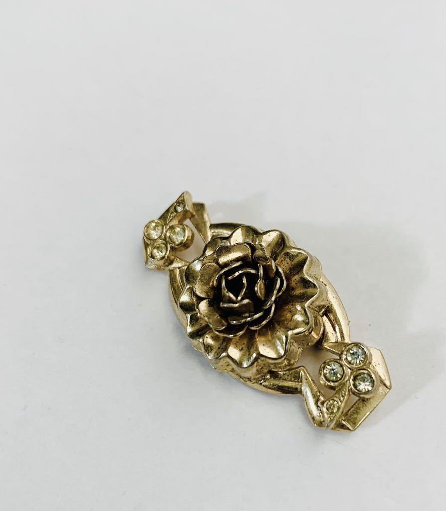 【USED】フランス パリ購入 ヴィンテージ ゴールド ローズ ブローチ 薔薇 ラインストーン クローバー拍卖