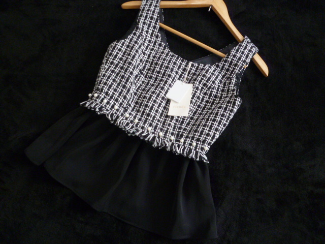 【新品】rienda/リエンダ△黒×白モノトーン系ツィード調フリンジデザイン裾シフォンノースリーブFREE/ブラックホワイト定価6250円△114③拍卖