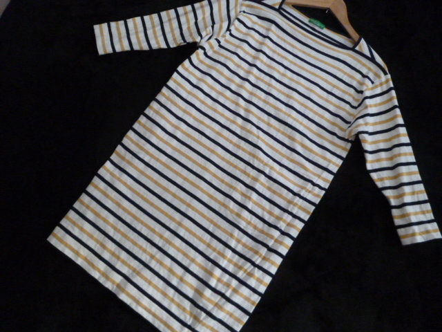 earth music&ecology/アースミュージック&エコロジー△白×紺系ボーダーロンTシャツワンピースF/長袖△OP123拍卖