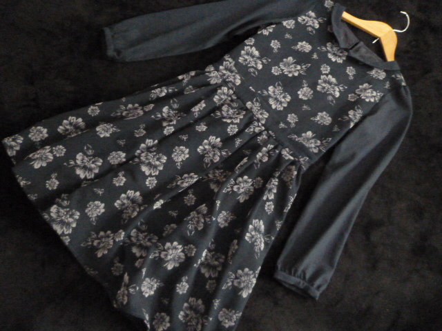 MAJESTIC LEGON/マジェステックレゴン△紺花柄フレアーブラウスワンピースFree/ネイビー長袖膝丈△OP123拍卖