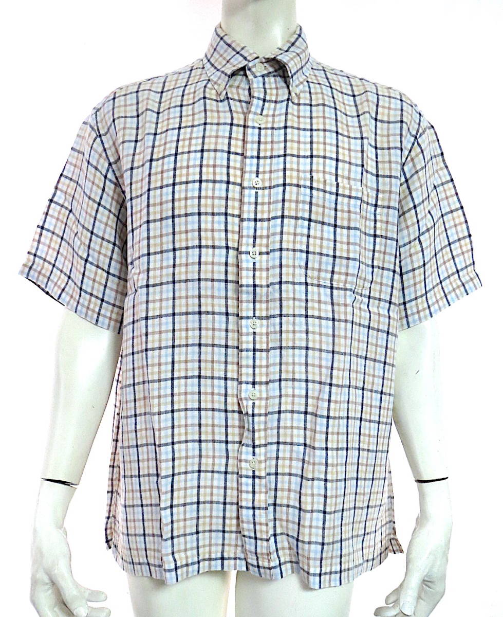 二点落札で送料無料! 2A26 BROOKS BROTHERS ブルックスブラザーズ 半袖 シャツ メンズ L トップス 紺 ネイビー 茶 ブラウン 白チェック拍卖