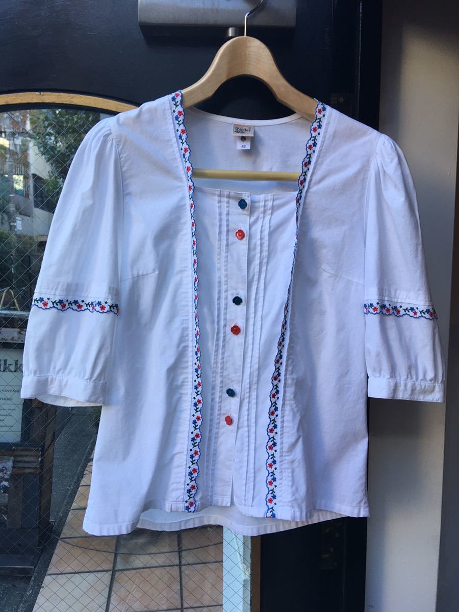 イギリスヨーロッパ古着コットン 刺繍 レース ブラウス lace frill blouse shirt 長袖シャツLV554拍卖