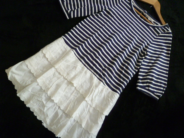 Simplicite/シンプリシテェ/ジョイントワーク△紺×白ボーダー背中リボンレースコットン段フリルワンピース/バルーン袖ボリューム袖△OP122拍卖