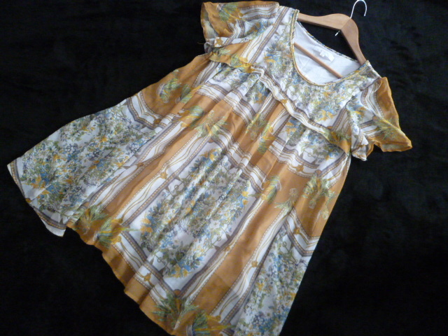 grove/グローブ△からし色系エスニック柄レトロ花柄フリル袖フレア袖シフォンチュニックワンピースM/半袖ワールド△OP122拍卖